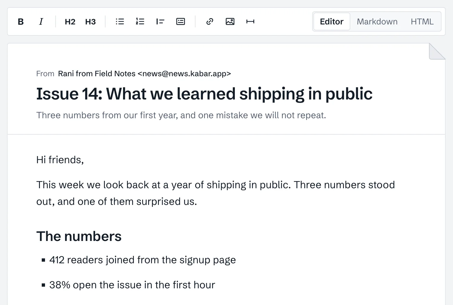 The Kabar editor: the toolbar above an issue set as a sheet of paper, with the from line, subject and preview text